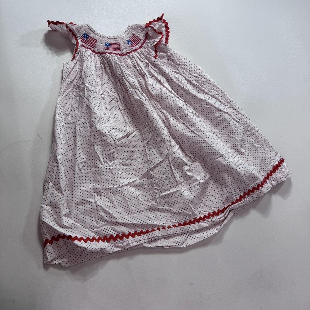 Stitchy Fish Dress Girls 4T White Polka Dot Smocked USA Flag Patriotic Sundress